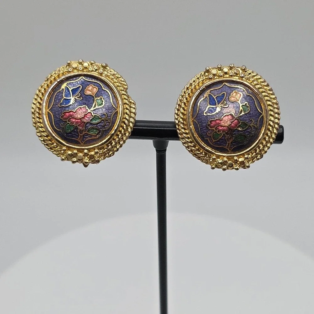 Vtg Cloisonne Butterfly Flower Earrings‎ Purple Red Gold Tone Leaf Disc Clip-Ons